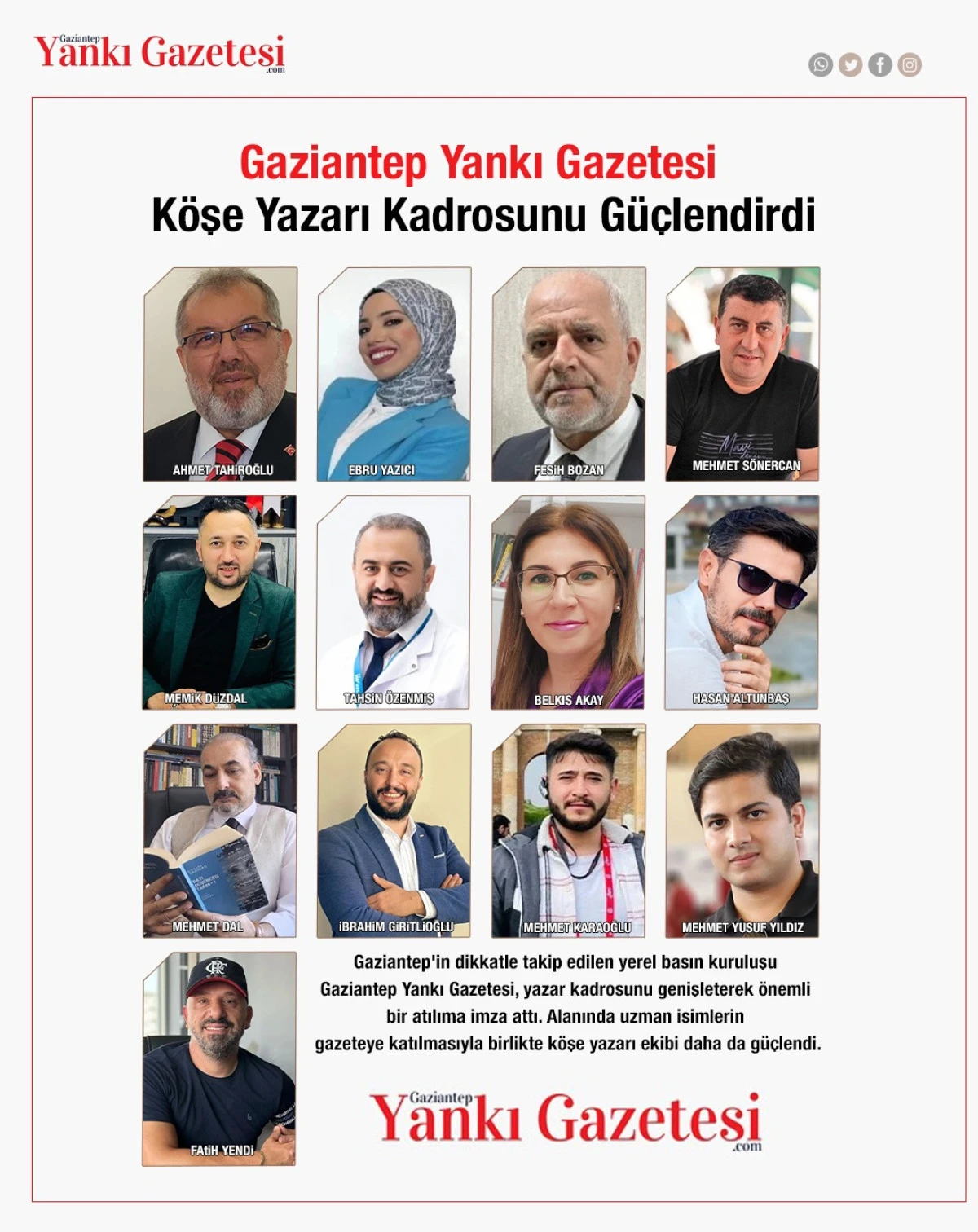 Gaziantep Yankı Gazetesi Köşe Yazarı Kadrosunu Güçlendirdi