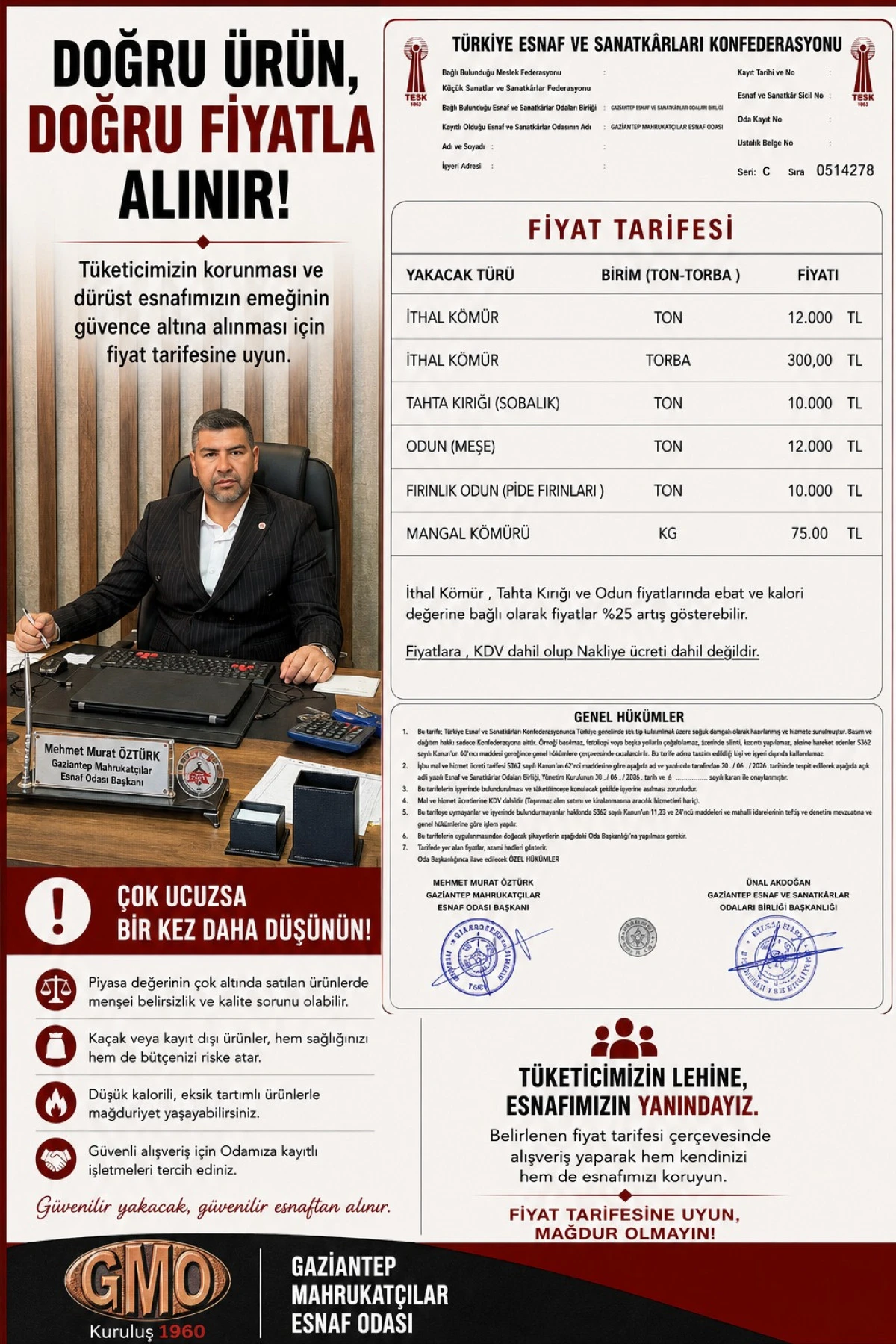Gaziantep&rsquo;te Yakacak &Uuml;r&uuml;nlerinde Yeni Fiyat Tarifesi A&ccedil;ıklandı